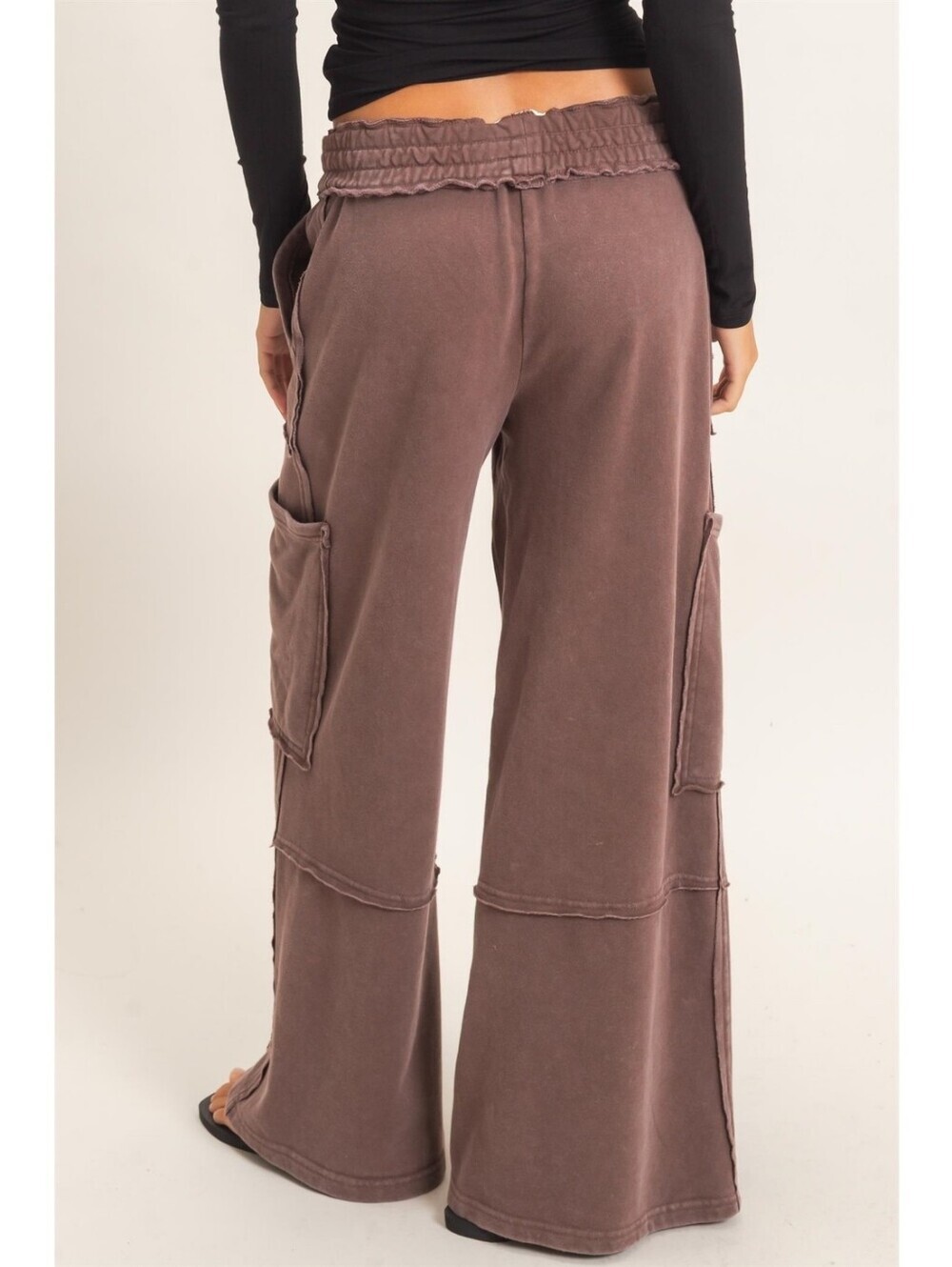 CloudDwellers Brown Mineral Washed Cotton Blend Wide Leg Cargo Sweatpants - Picture 4 of 7